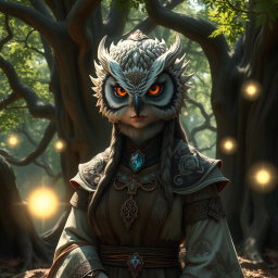 A cleric with a distinct bird face, featuring intricately detailed feathers and a serene expression