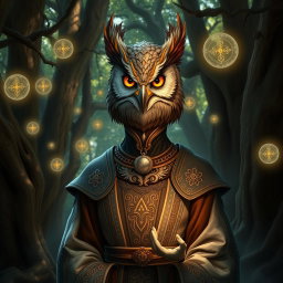 A cleric with a distinct bird face, featuring intricately detailed feathers and a serene expression