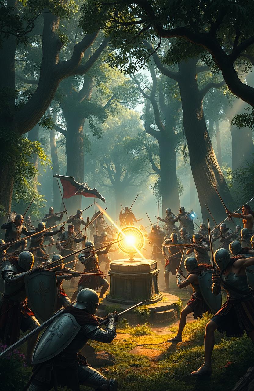A dramatic battle scene set in a dense, lush forest, where multiple armies are clashing over a glowing, mysterious artifact