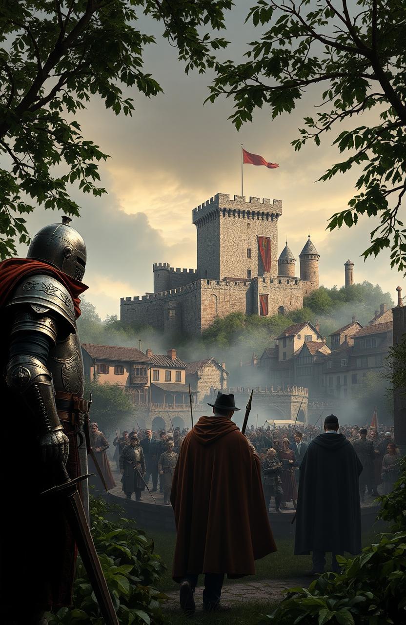 A dramatic scene depicting medieval nations engaged in espionage