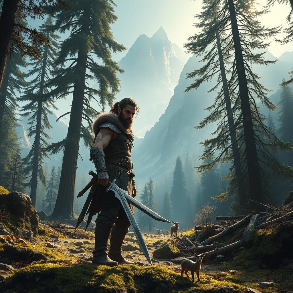 A lone warrior standing resolute in a rugged wilderness, wielding a massive two-handed sword
