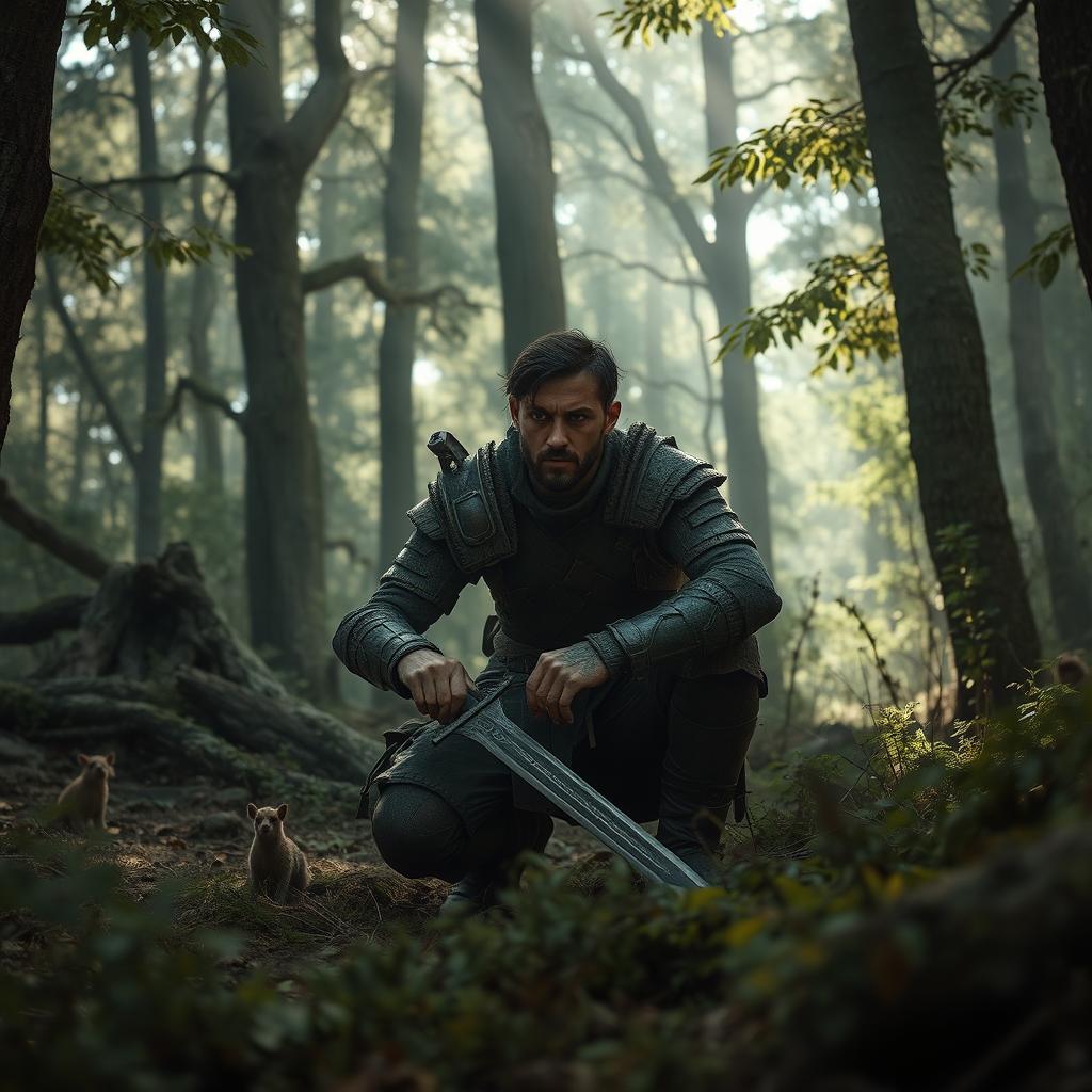 A lone warrior crouched in a dense, rugged wilderness, gripping a sturdy sword with a firm resolve