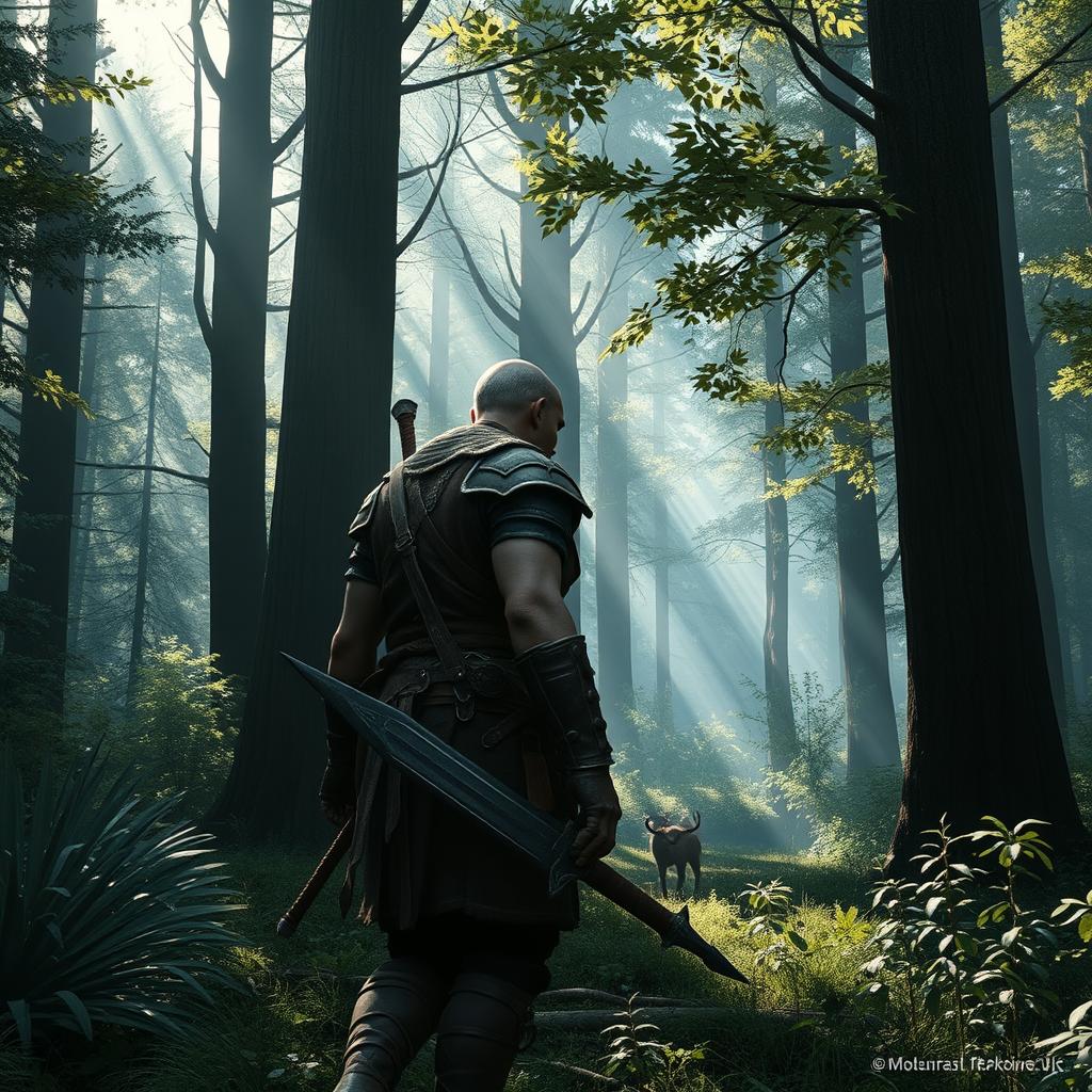 A lone warrior with his back turned, navigating through a serene wilderness