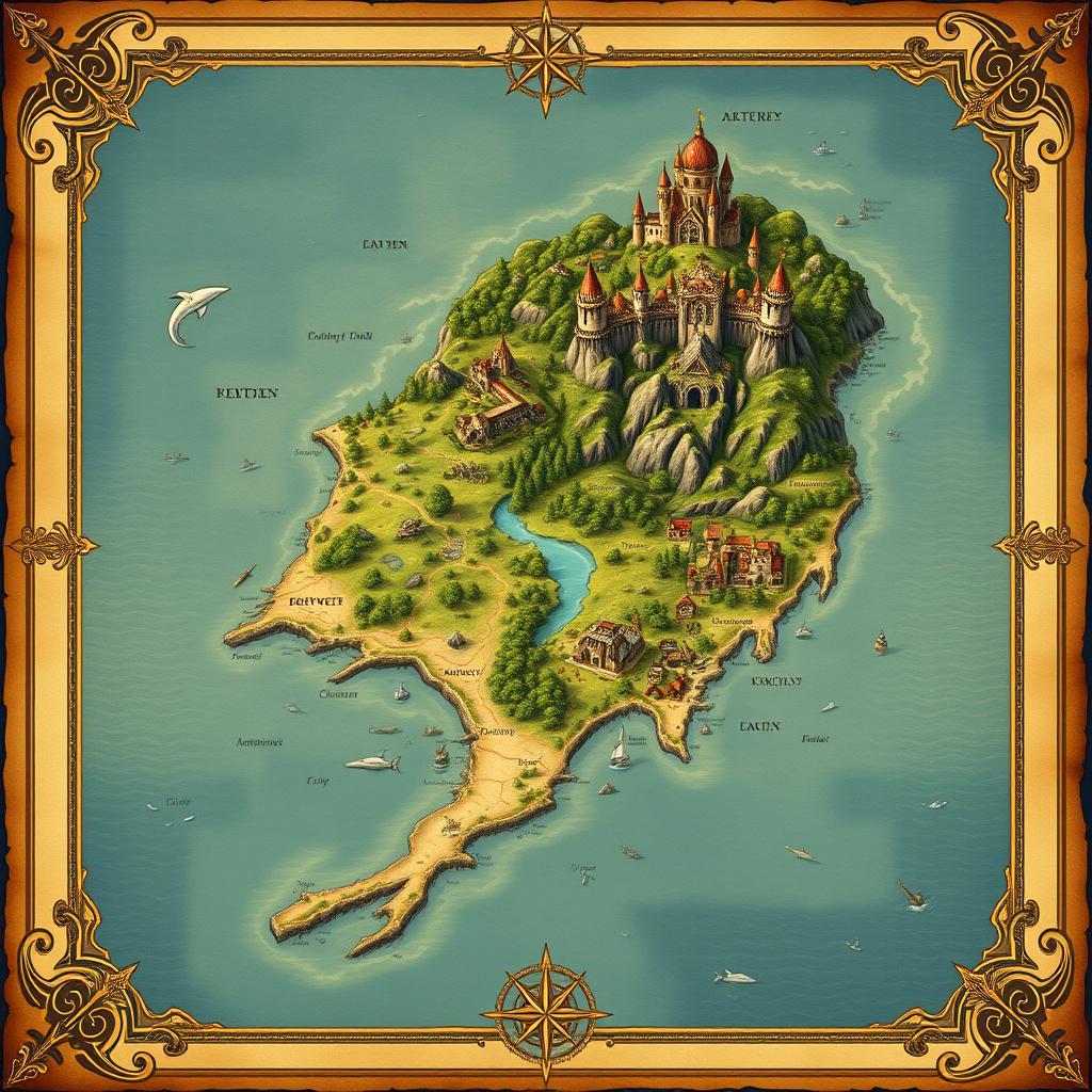 A captivating map of an island featuring a unique geographical shape resembling a tail extending to the south