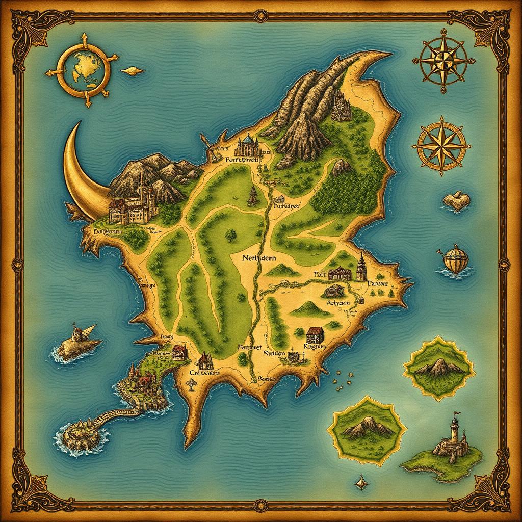 An intricately designed map of an island, featuring a distinctive shape with a horn extending to the south