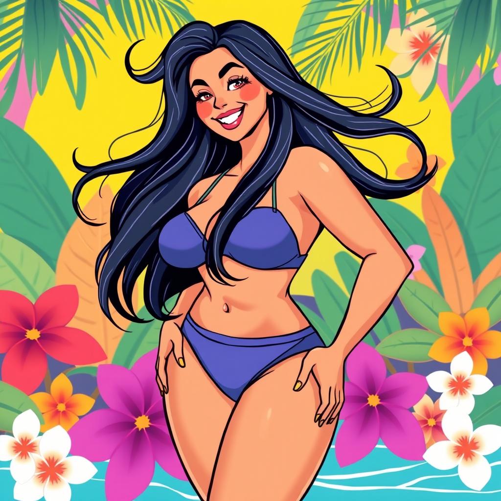A stylized illustration of a confident, curvy woman with an emphasis on her shapely figure