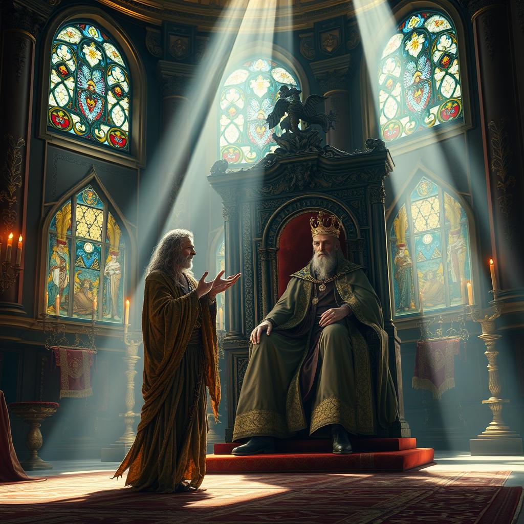 An enigmatic oracle dressed in ragged, flowing clothes stands in the grand throne room, illuminated by beams of light filtering through stained glass windows