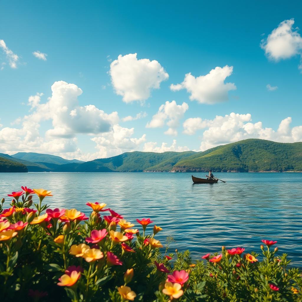 A serene landscape depicting a tranquil lake surrounded by lush green hills under a bright blue sky with fluffy white clouds
