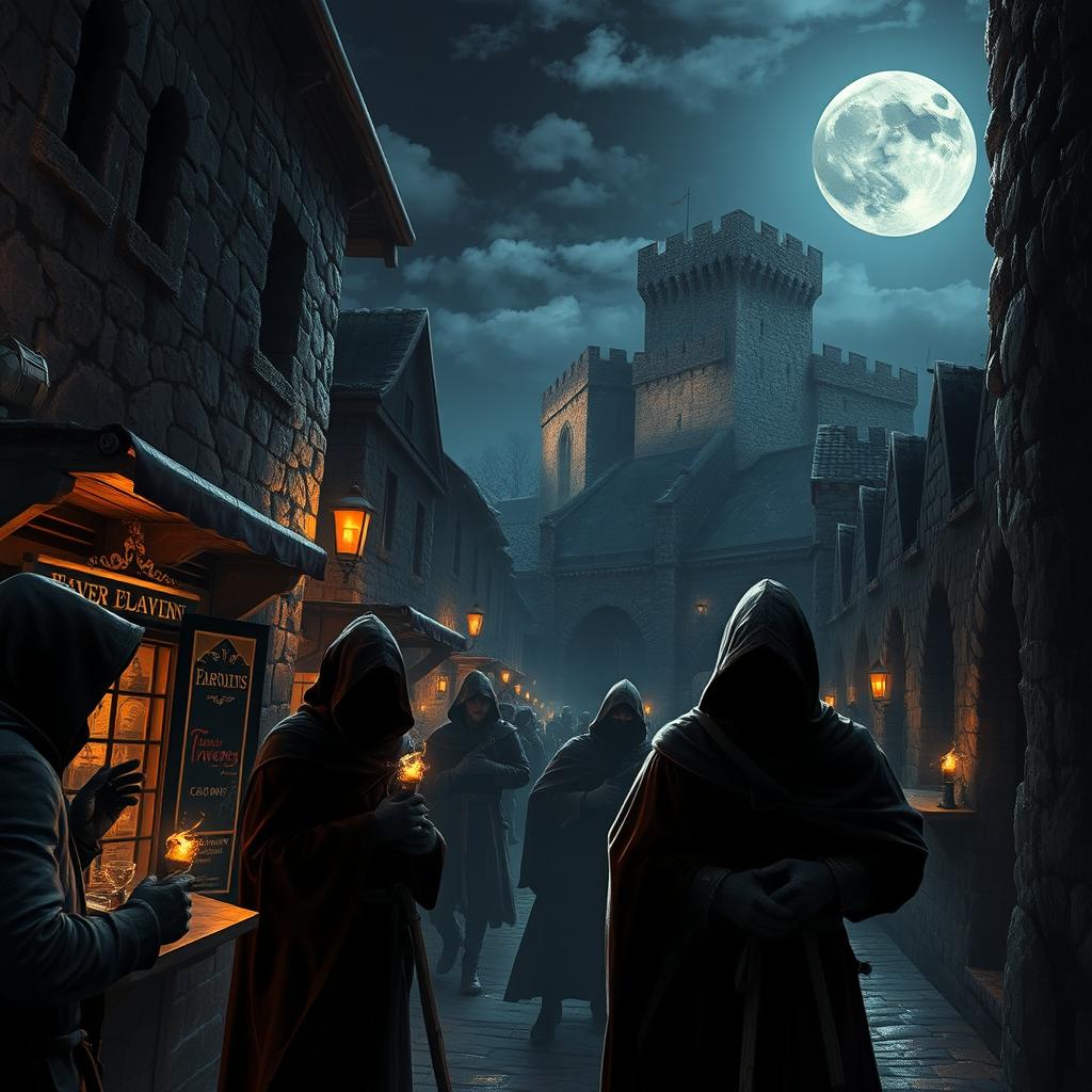A dynamic and atmospheric scene depicting medieval espionage in a bustling castle town at night