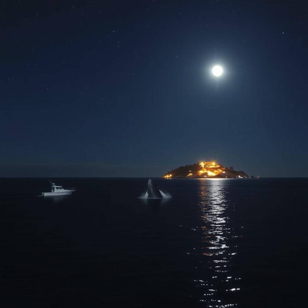 A serene night scene over the ocean, featuring a small boat bobbing gently on the water