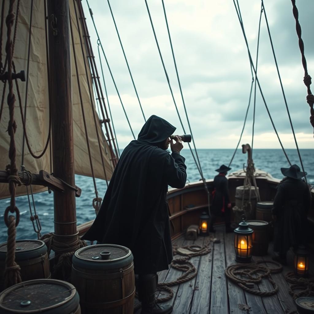 A mysterious medieval spy aboard a weathered ship, cloaked in a dark hooded cape, blending into the shadows of the deck