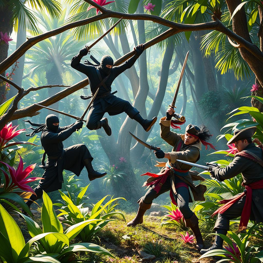 An intense action scene of ninjas battling pirates in a vibrant, lush wilderness filled with exotic plants and towering trees