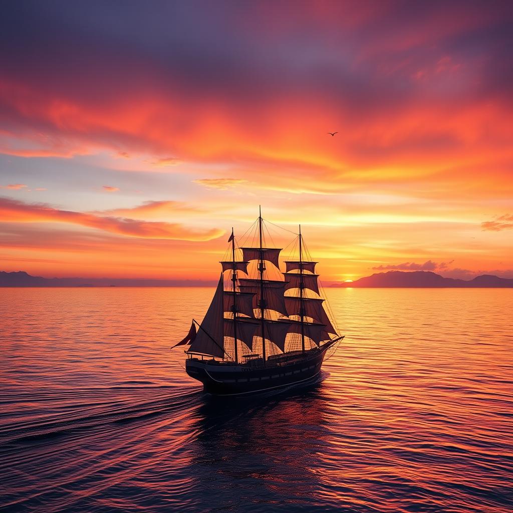 A picturesque view of a merchant ship gracefully sailing across the horizon during a vibrant sunset