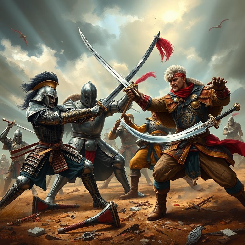 An epic clash among a samurai, a Teutonic knight, a hussar, and a pirate as they fiercely cross swords in an action-packed battlefield