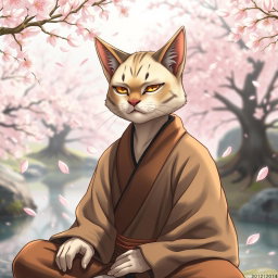 A male monk with a distinctly cat-like face, featuring finely detailed fur and expressive eyes that convey calm and wisdom
