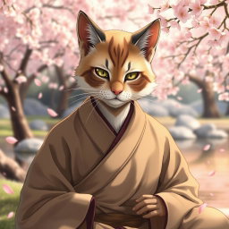 A male monk with a distinctly cat-like face, featuring finely detailed fur and expressive eyes that convey calm and wisdom