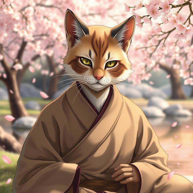 A male monk with a distinctly cat-like face, featuring finely detailed fur and expressive eyes that convey calm and wisdom
