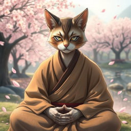 A male monk with a distinctly cat-like face, featuring finely detailed fur and expressive eyes that convey calm and wisdom