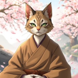 A male monk with a distinctly cat-like face, featuring finely detailed fur and expressive eyes that convey calm and wisdom