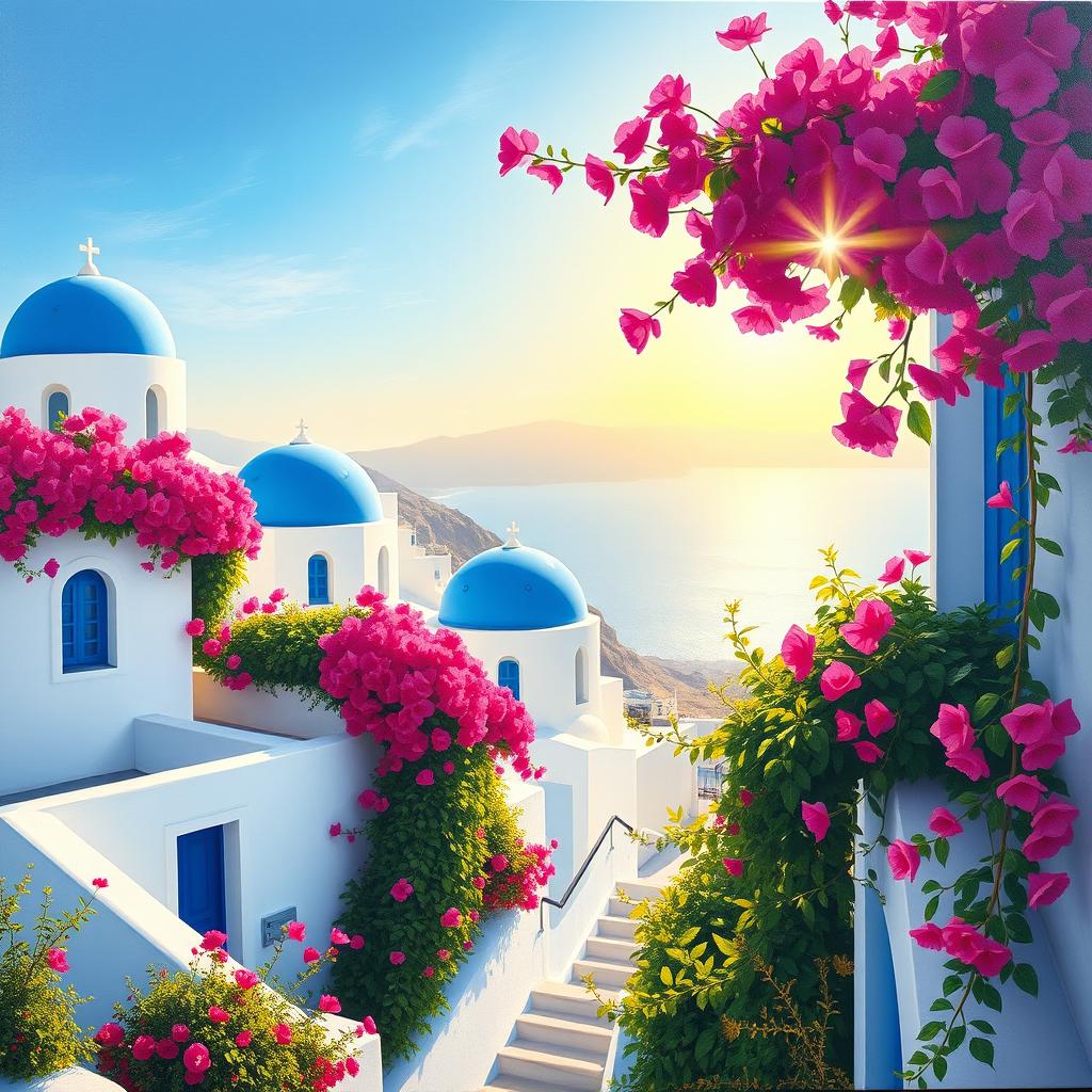 A vibrant painting of Santorini, capturing the iconic whitewashed buildings with blue domes against a clear sky