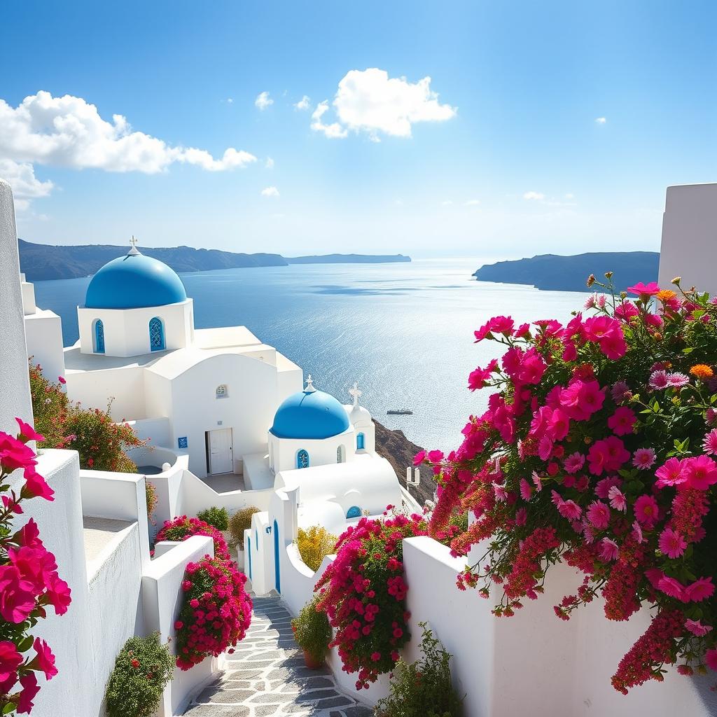 A picturesque view of Santorini featuring its iconic white-washed buildings with blue domes, nestled along a winding, flower-adorned alley