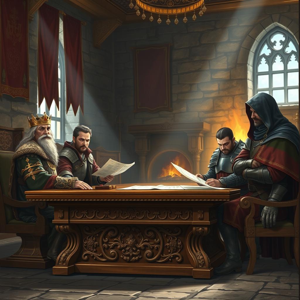 A grand council hall scene depicting a medieval king seated at the head of an elaborately carved wooden table, adorned in regal attire with a golden crown atop his head