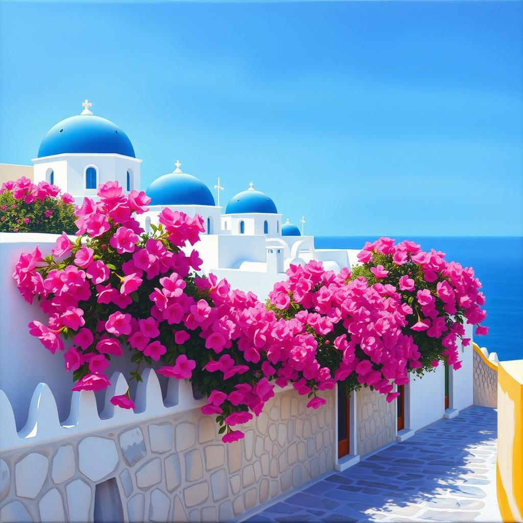 A picturesque painting of Santorini, featuring iconic whitewashed buildings with blue domes set against a clear blue sky