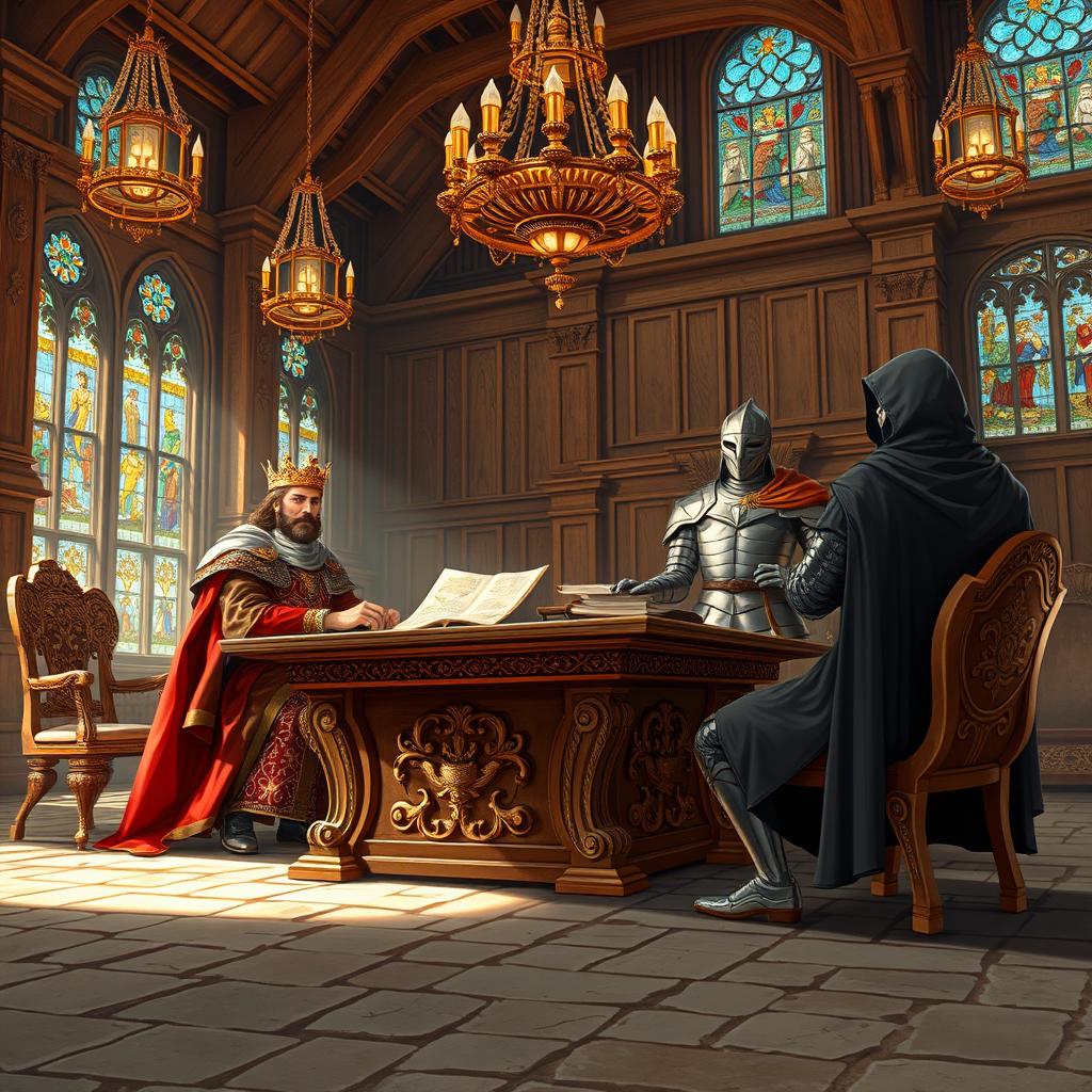 A majestic council hall scene depicting a medieval king seated at an ornately carved wooden table, embellished in royal attire with a striking golden crown