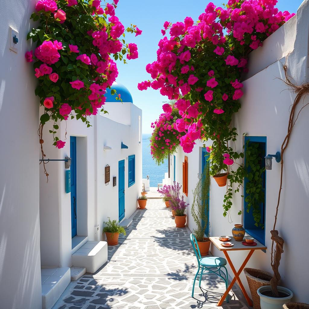 A picturesque scene of a courtyard in Santorini, Greece, showcasing charming white-washed buildings with bright blue domes, vibrant bougainvillea spilling over walls, and a cobblestone alley leading through the courtyard