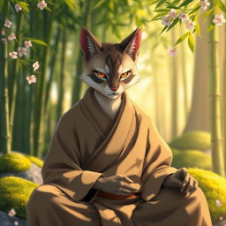 A male monk with a feline face, featuring sleek fur and striking eyes that embody a serene and wise demeanor