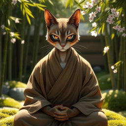 A male monk with a feline face, featuring sleek fur and striking eyes that embody a serene and wise demeanor