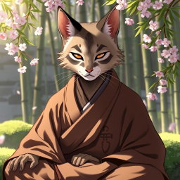 A male monk with a feline face, featuring sleek fur and striking eyes that embody a serene and wise demeanor
