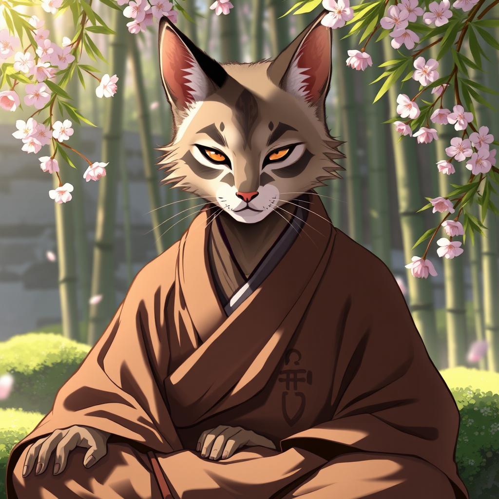 A male monk with a feline face, featuring sleek fur and striking eyes that embody a serene and wise demeanor