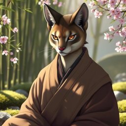 A male monk with a feline face, featuring sleek fur and striking eyes that embody a serene and wise demeanor
