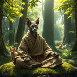 A male feline monk with striking feline features, including sleek fur and sharp, expressive eyes that exude wisdom and tranquility