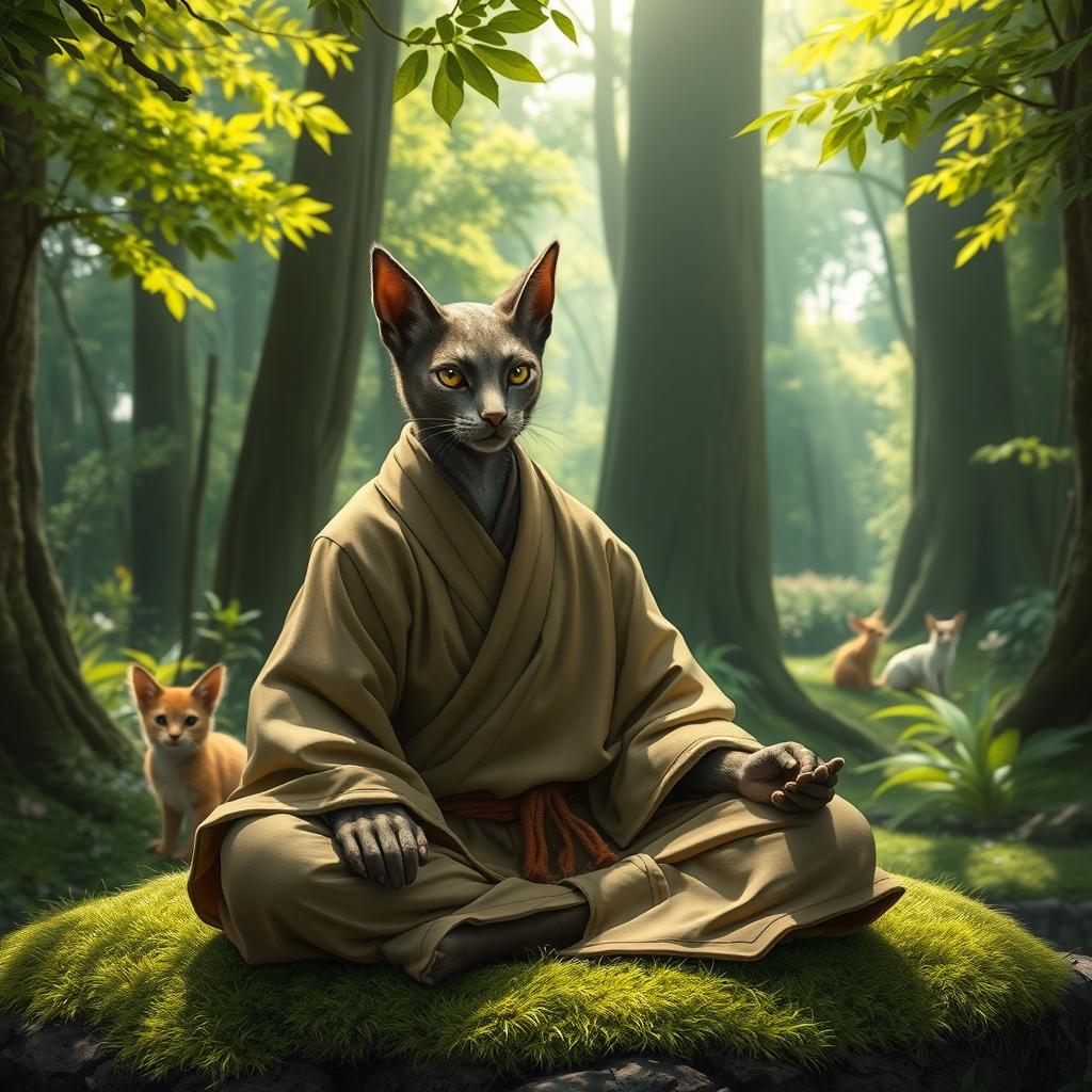 A male feline monk with striking feline features, including sleek fur and sharp, expressive eyes that exude wisdom and tranquility