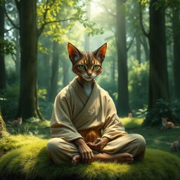 A male feline monk with striking feline features, including sleek fur and sharp, expressive eyes that exude wisdom and tranquility