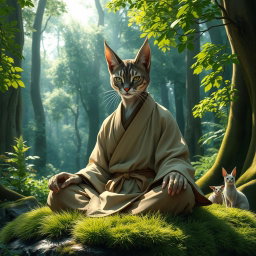 A male feline monk with striking feline features, including sleek fur and sharp, expressive eyes that exude wisdom and tranquility