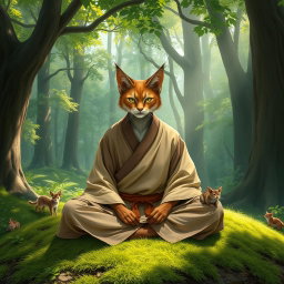 A male feline monk with striking feline features, including sleek fur and sharp, expressive eyes that exude wisdom and tranquility
