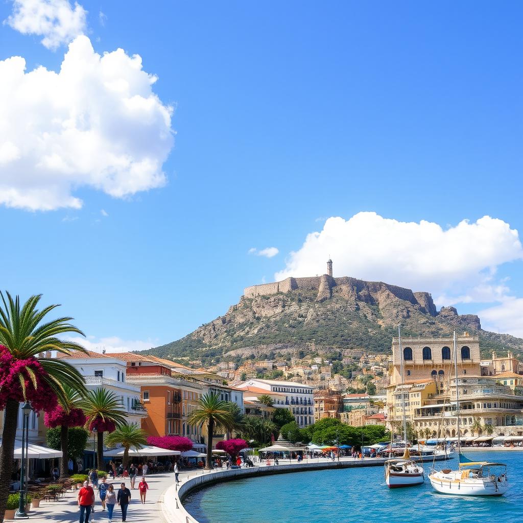 A picturesque view of Nafplio, Greece, showcasing its stunning seaside architecture, colorful buildings with vibrant bougainvillea, and the iconic Palamidi Fortress perched on the hilltop