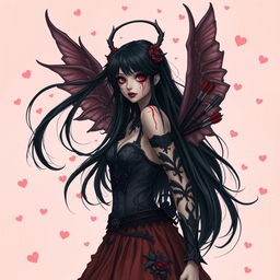 A beautiful girl with long, flowing black hair and a haunting presence, her face stained with blood, dressed in an intricate cupid costume that combines elements of romance and terror