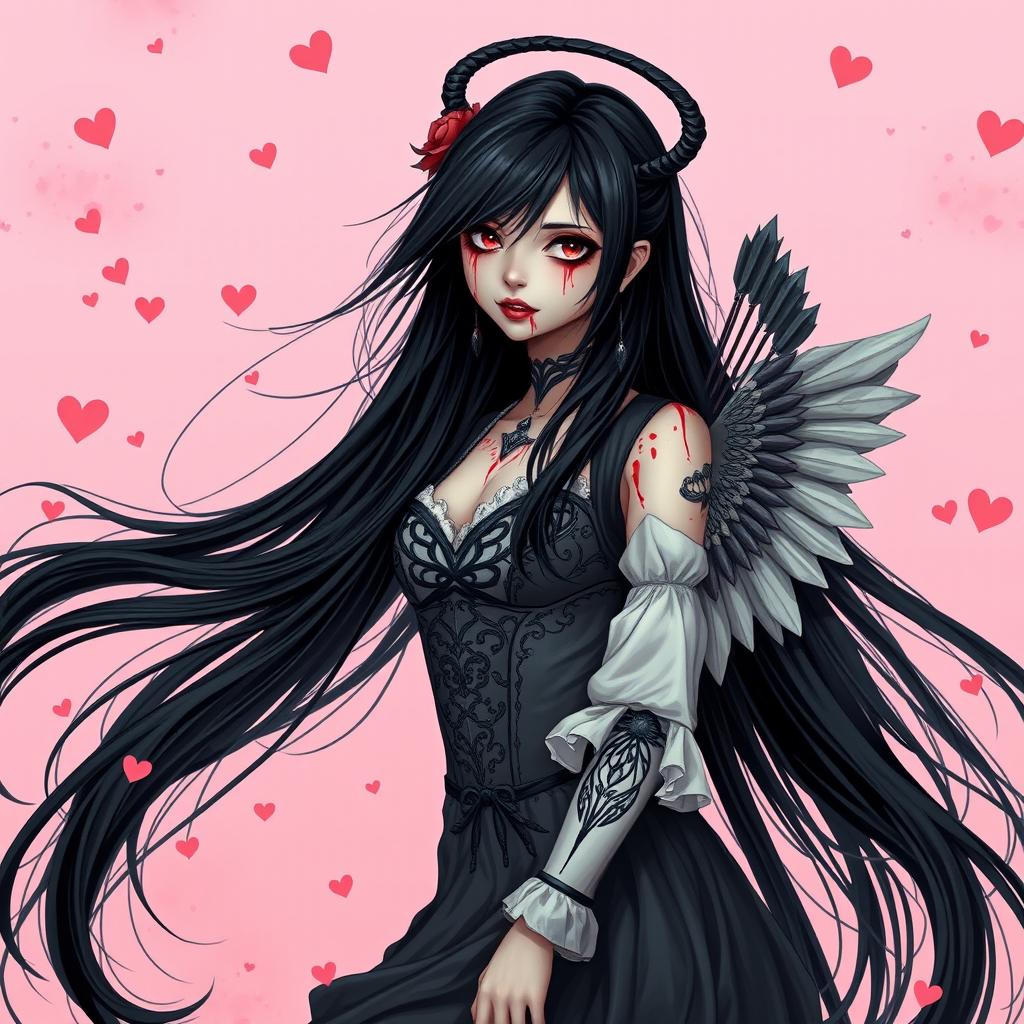 A beautiful girl with long, flowing black hair and a haunting presence, her face stained with blood, dressed in an intricate cupid costume that combines elements of romance and terror