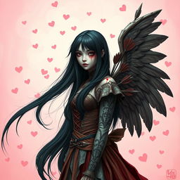 A beautiful girl with long, flowing black hair and a haunting presence, her face stained with blood, dressed in an intricate cupid costume that combines elements of romance and terror