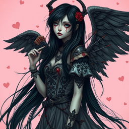 A beautiful girl with long, flowing black hair and a haunting presence, her face stained with blood, dressed in an intricate cupid costume that combines elements of romance and terror