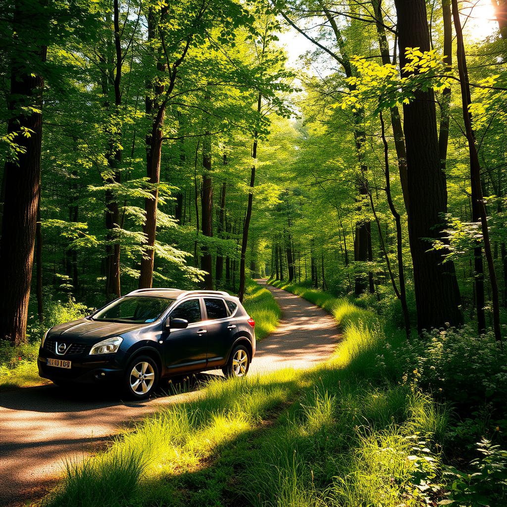 A scenic forest pathway surrounded by lush greenery, featuring a sleek black 2007 Nissan Qashqai parked along the side