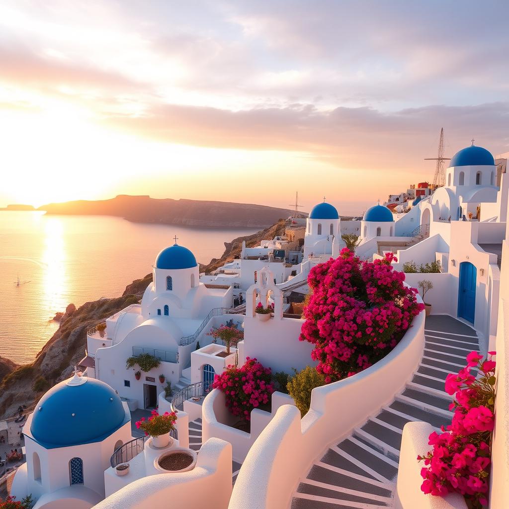 A picturesque scene of Santorini, Greece, showcasing the iconic white-washed buildings with blue domes, perched on cliffs overlooking the mesmerizing Aegean Sea