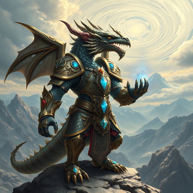 A powerful paladin with a dragon-like face, featuring majestic scales, fierce eyes, and sharp, defined features that exude strength and nobility