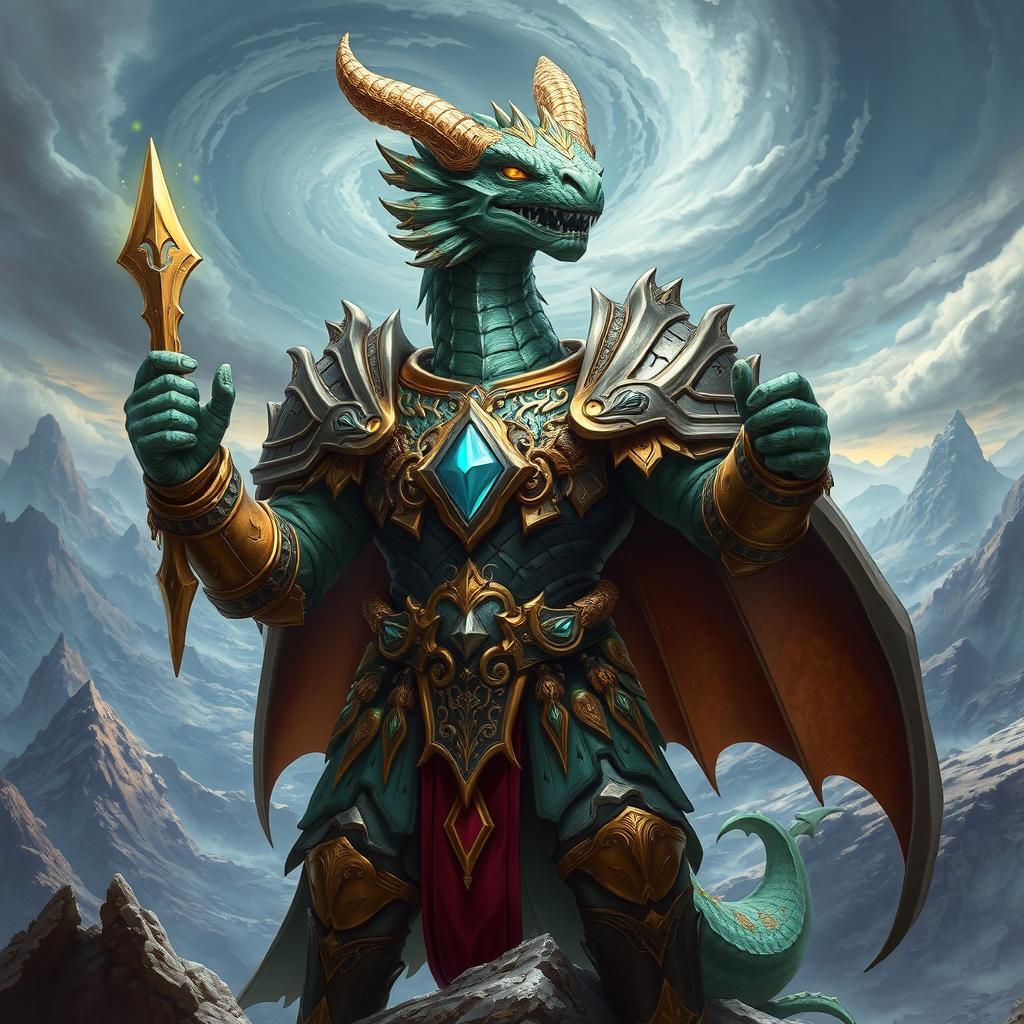 A powerful paladin with a dragon-like face, featuring majestic scales, fierce eyes, and sharp, defined features that exude strength and nobility