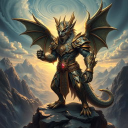 A powerful paladin with a dragon-like face, featuring majestic scales, fierce eyes, and sharp, defined features that exude strength and nobility