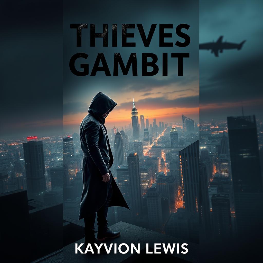 A redesigned book cover for 'Thieves Gambit' by Kayvion Lewis featuring an artistic, dark and mysterious urban setting